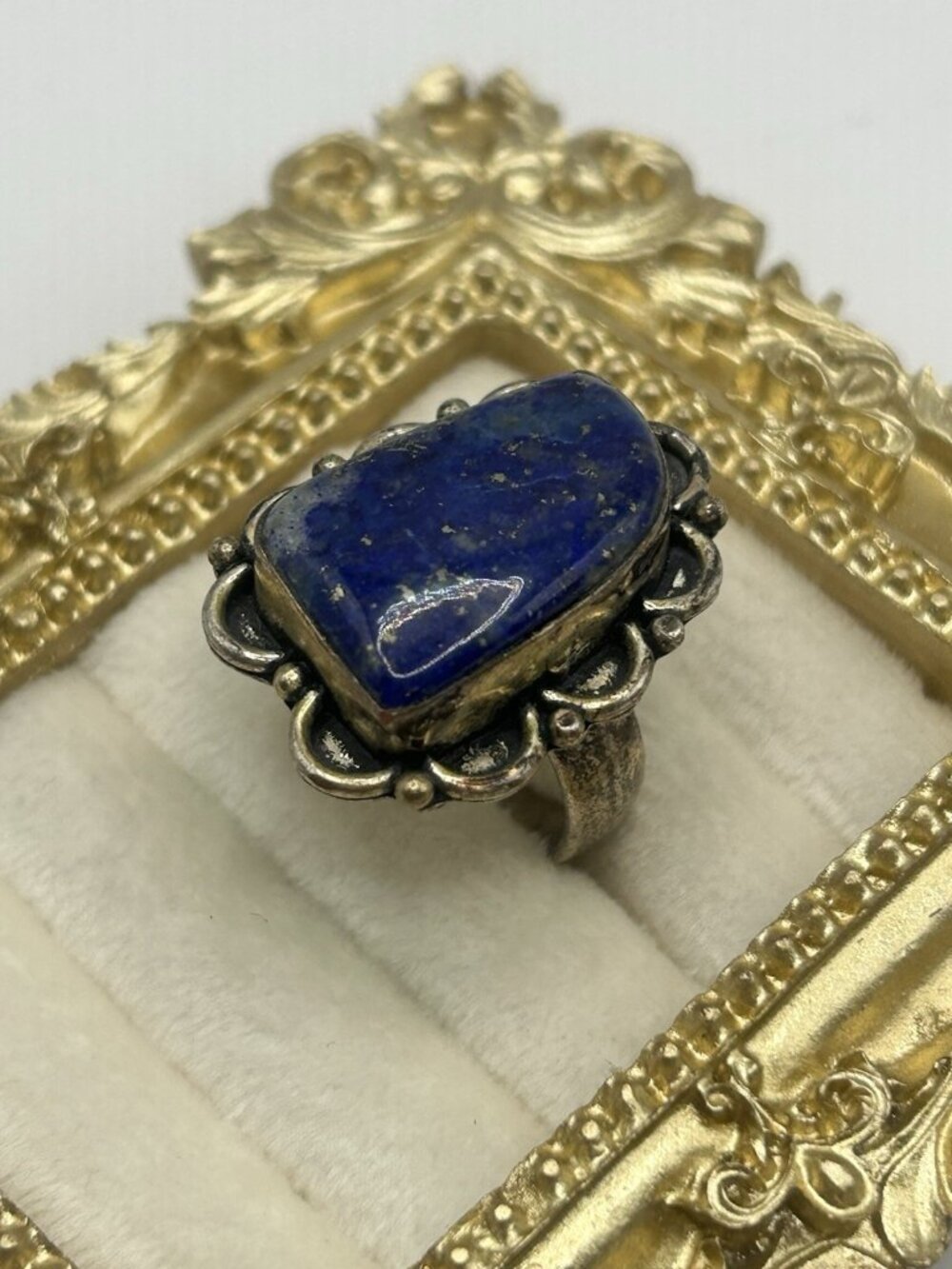 Vintage Lapis Lazuli Adjustable Ring Blue Stone Boho Statement Silver Tone Big - Picture 3 of 16